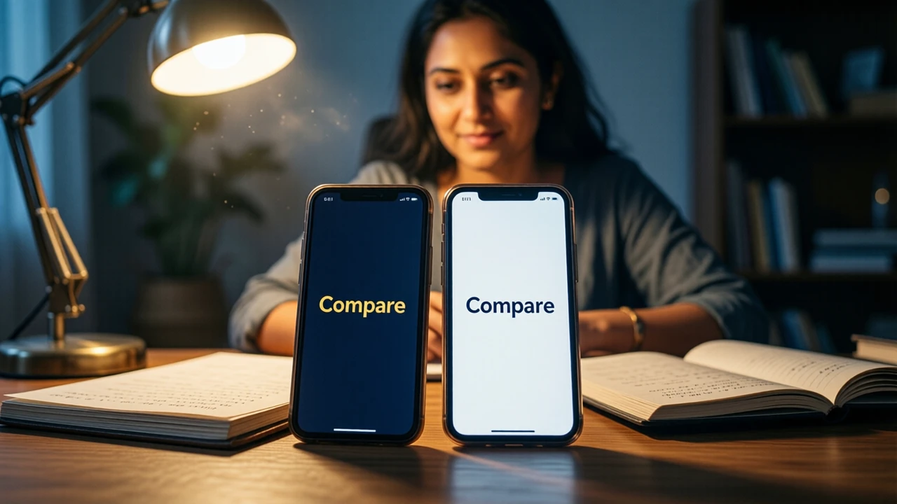 An Indian woman writer at a wooden desk at night with two smartphones propped side by side in front of her, one screen dark navy and one screen white, each showing only the large word "Compare", an open paper notebook with handwriting beside them, one warm desk lamp