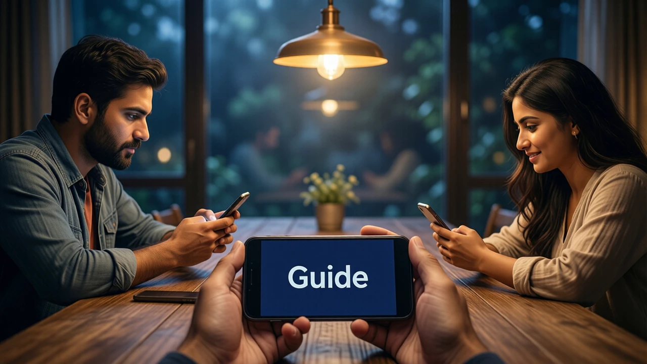 An Indian man and an Indian woman, both seen in profile, sitting at opposite ends of a long wooden table at night, each looking at their own smartphone, a third phone lying flat on the table between them showing the large word "Guide" on a deep navy screen, one warm pendant lamp above them