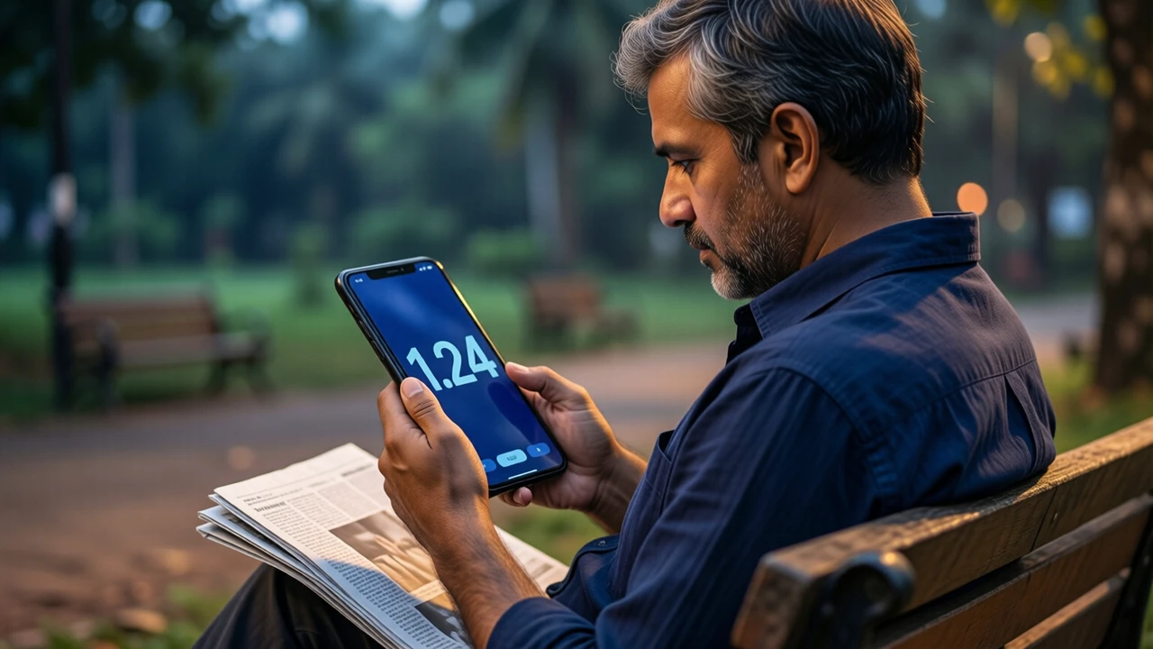 A South Asian man from Goa in his late thirties with short greying hair and a plain navy shirt, seen in three-quarter view sitting on a wooden park bench in the evening, looking down at a smartphone held at chest height, its screen angled slightly toward us with the large number "1.24" printed flat in light blue on its deep navy screen, a folded newspaper with no print visible beside him, warm low sunlight