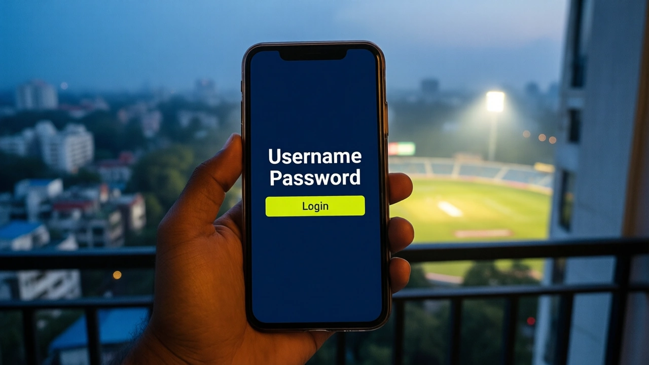 A young Indian man on a city balcony at dusk holding a smartphone up toward the camera, the screen filling much of the frame on a deep navy background with the large word "Username" above the large word "Password" and one wide lime-yellow button reading "Login" beneath them, floodlit glow from a cricket ground far behind