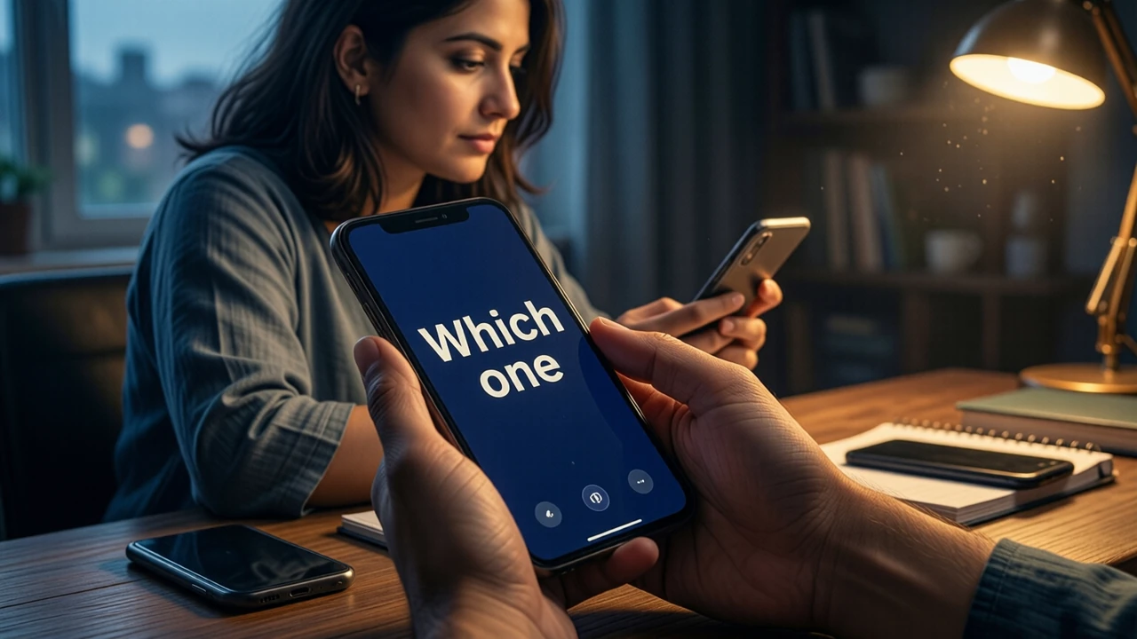 A South Asian woman in her early thirties with shoulder-length dark hair and a plain grey kurta, seen in three-quarter view at a desk in a dim room at dusk, looking at a smartphone in her hand, its screen angled slightly toward us with the two large words "Which one" on its deep navy screen, a second phone face-down beside her notebook, warm lamp light