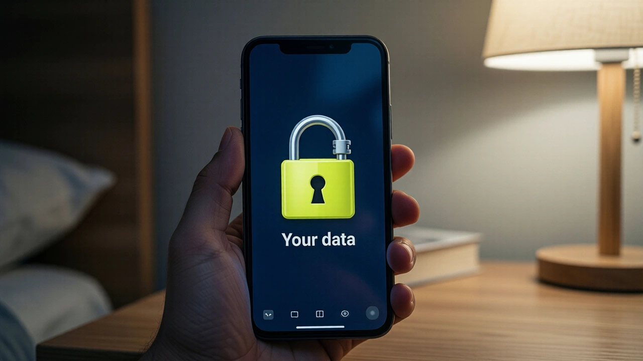 A smartphone standing upright on a bedside table at night, its screen deep navy with a large closed lime-yellow padlock, its shackle locked shut, and the two words "Your data" beneath it, a plain wall behind, soft lamp light from one side