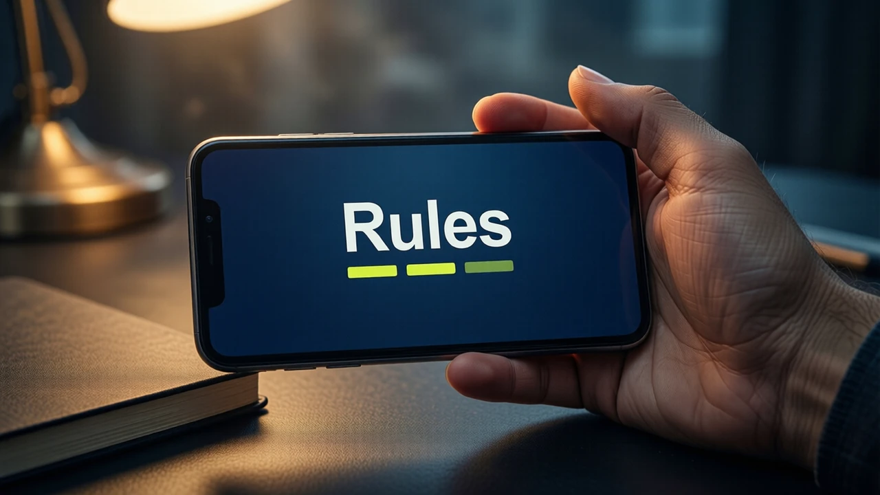 Close view of one palm cradling a phone in landscape above a leather notebook, its navy display carrying the large heading "Rules" in white over three short lime-yellow bars, brass lamp glow behind